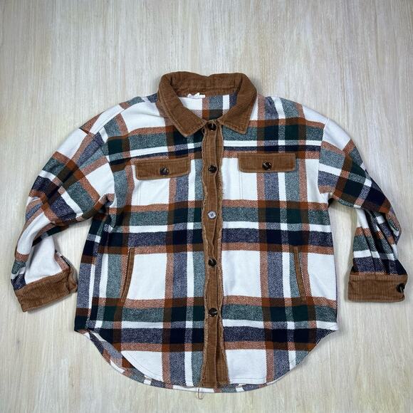 GeeGee Plaid Button Up Camel Combo Flannel Oversized Shirt Jacket Shacket Medium - Picture 1 of 16